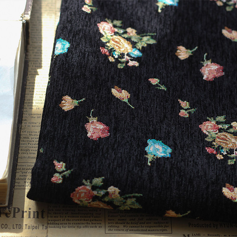 送料無料 150cm幅 90cm単位 生地 布 布地 きじ ジャカード生地 色織り 花柄 シュニール シュニール織物 ブラック 黒 楽天海外通販