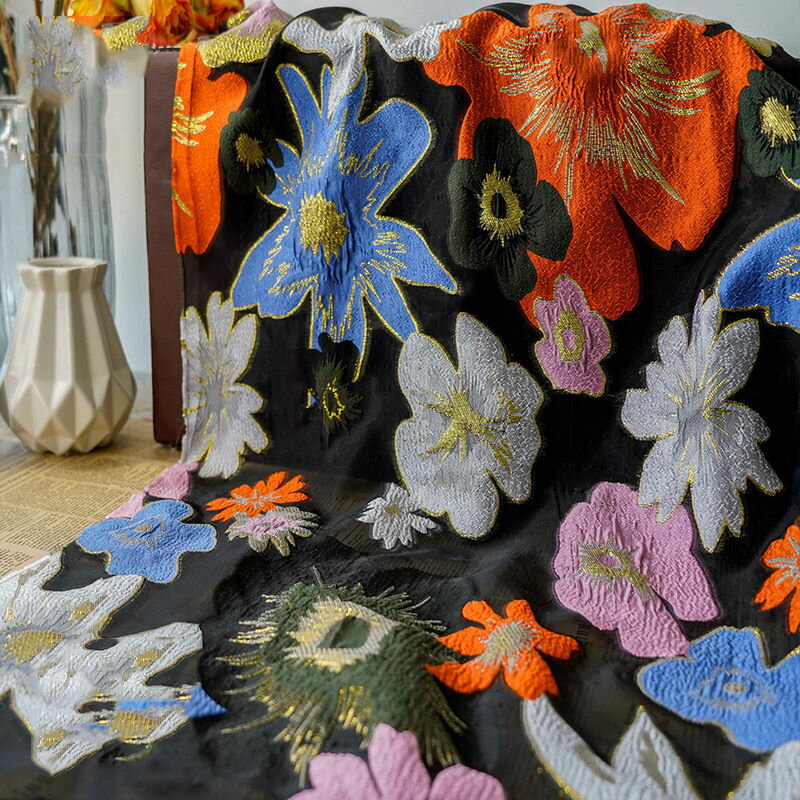 送料無料 135cm幅 90cm単位 生地 布 布地 きじ ジャカード生地 エンボス生地 色織り 花柄 黒 ブラック カラフル ゴールド 楽天海外通販