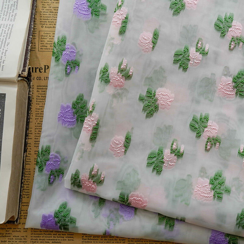 送料無料 145cm幅 90cm単位 生地 布 布地 きじ ジャカード生地 エンボス生地 色織り 花柄 透明 ピンク パープル 薄手 夏 楽天海外通販