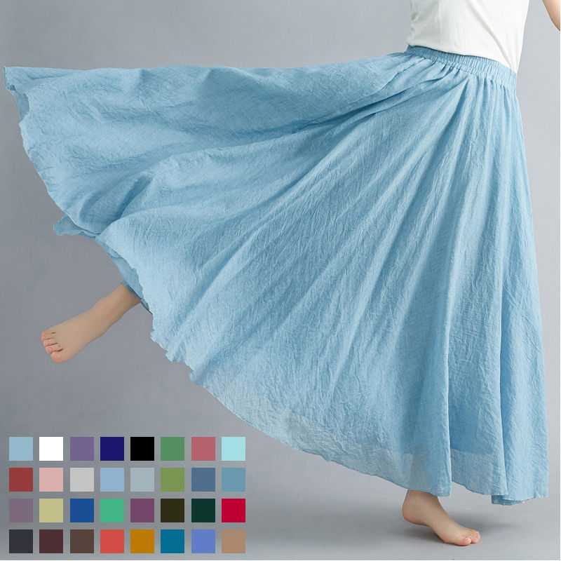 送料無料 32色 スカート レディース リネン フレアスカート 麻 ウエストゴム マキシスカート ロングスカート Aラインスカート 春夏秋 無地 楽天海外通販