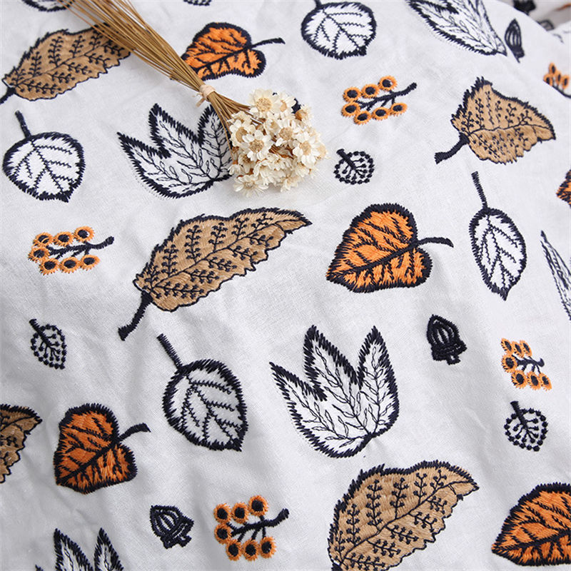 送料無料 幅120cm 90cm単位 生地 布 綿麻生地 刺繍生地 葉柄 手芸 裁縫 DIY 白 ブルー ブラウン レッド 楽天海外通販