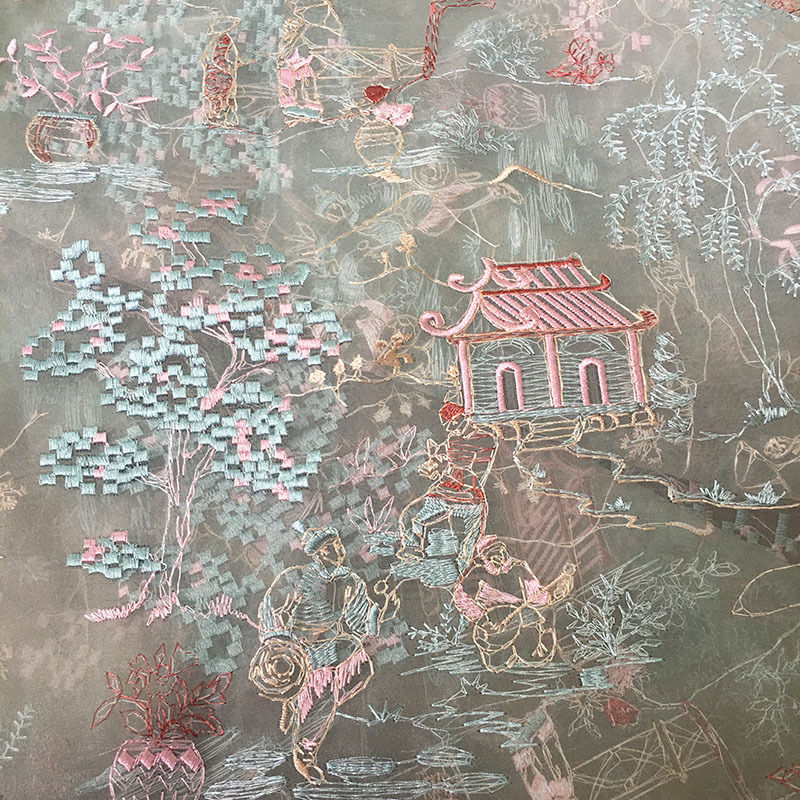 送料無料 幅125cm 85cm単位 生地 布 オルガン糸 刺繍生地 透明生地 中華風 あずまや柄 松の木柄 手芸 裁縫 DIY チャイナードレス生地 スカート生地 楽天海外通販