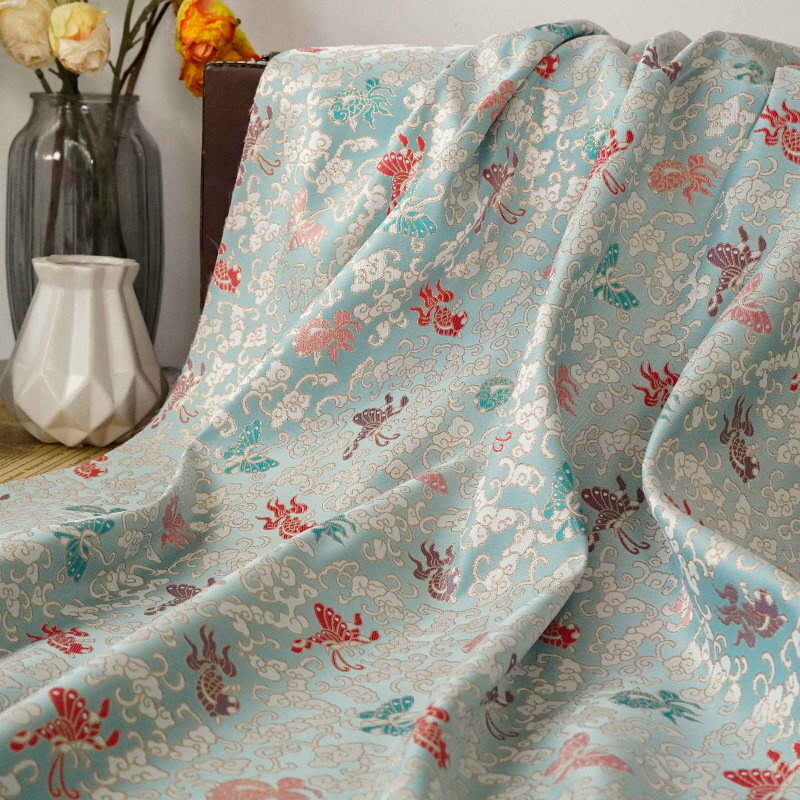 送料無料 150cm幅 90cm単位 生地 布 布地 きじ ジャカード生地 色織り 蝶柄 雲柄 中華風 ブルー ピンク 楽天海外通販