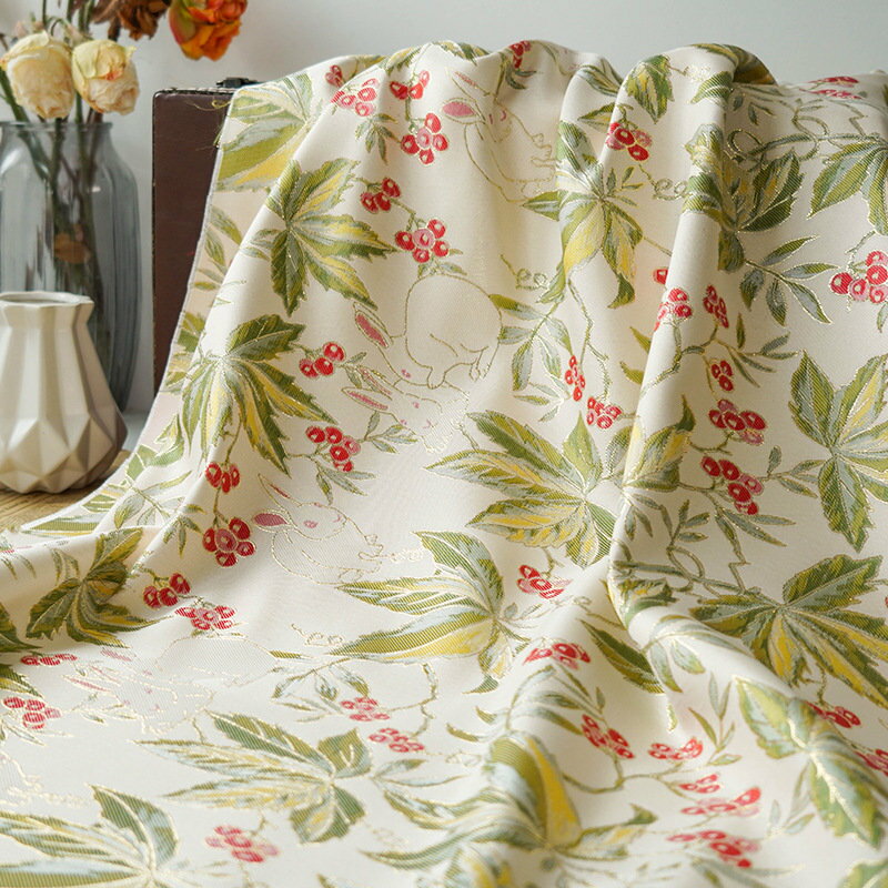 送料無料 140cm幅 90cm単位 生地 布 布地 きじ ジャカード生地 色織り チェリー柄 植物柄 杏色 レッド グリーン 楽天海外通販