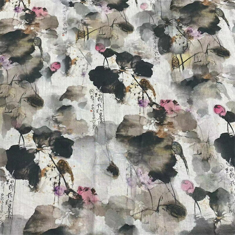 乐天商城 - 送料無料 145cm幅 190cm単位 生地 布 布地 綿生地 プリント ハス柄 蓮の花 蓮の葉 水墨風 中華風 ピンク 黒 楽天海外通販