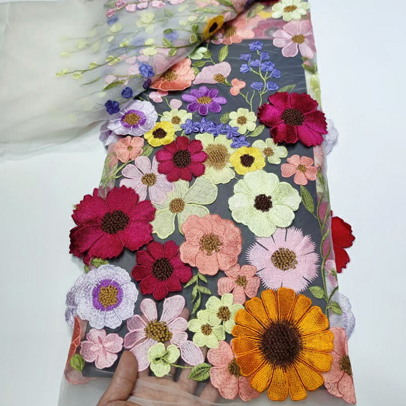 送料無料 18色 130cm幅 85cm単位 生地 布 布地 刺繍 花柄 植物柄 立体 3D 透明 薄手 メッシュ カラフル 楽天海外通販