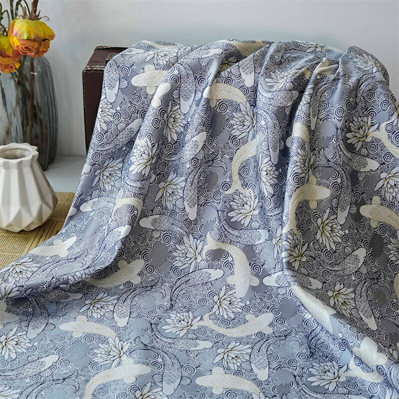 Rakuten - 送料無料 150cm幅 90cm単位 生地 布 布地 きじ ジャカード生地 洋服生地 色織り 蓮の花柄 鯉柄 ブルー 楽天海外通販