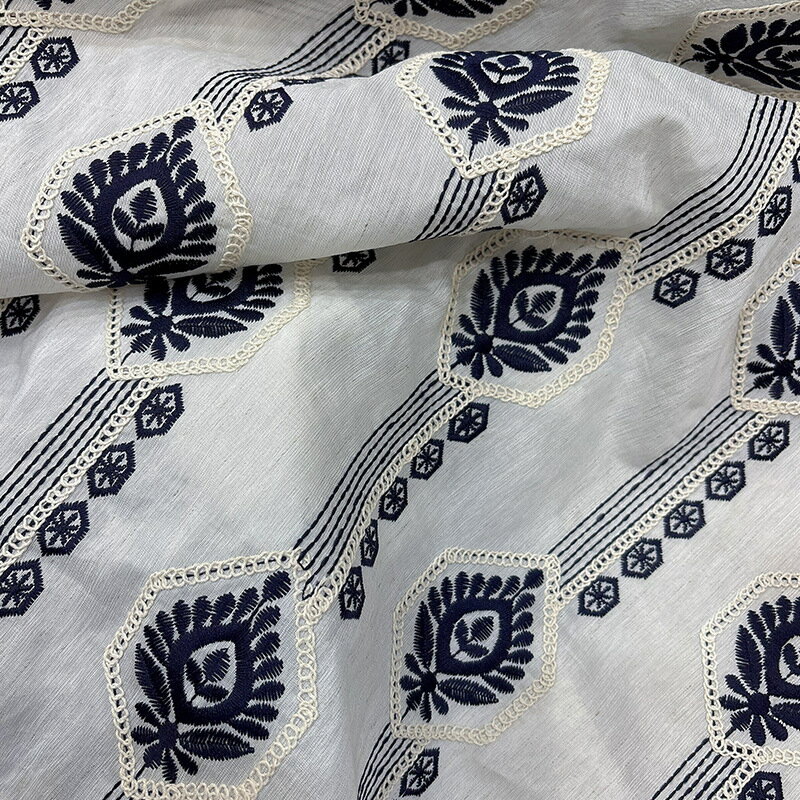Rakuten - 送料無料 135cm幅 90cm単位 刺繍生地 生地 ジャカード生地 布 布地 色織り生地 ジャカード織り アパレル生地 ホームテキスタイル ニッチな生地 麻地 民族風 ボヘミアン柄 リネン 重工生地 紺色 幾何 六角の花模様 植物柄 花柄 レース風細刺繍 ストライプ 菱形 楽天海外通販