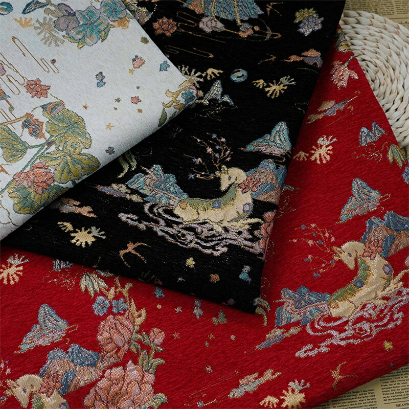 Cotton （Patterned Cloth） - 送料無料 145cm幅 90cm単位 ジャカード生地 シェニール 生地 布 布地 洋服生地 色織り chenille シェリル 鹿柄 蓮柄 レッド 杏色 黒 楽天海外通販