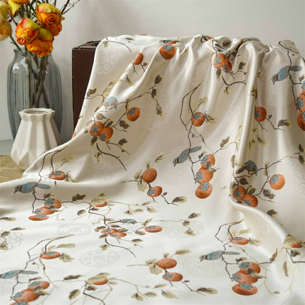 送料無料 160cm幅 90cm単位 ジャカード生地 生地 布 布地 色織り生地 柿柄 オレンジ シャンパン色 楽天海外通販