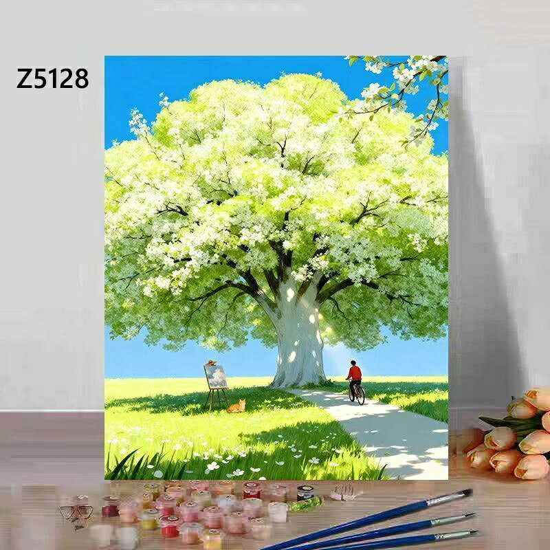 送料無料 5色 塗り絵 白い花の大樹 春の草原 癒し風景 数字 油絵 数字塗り絵 数字油絵セット ぬりえ 油絵風 絵画 DIY絵 お絵描き 油絵キット アクリル絵画 ナンバー油絵キット 30x40cm 絵を描く人物 自転車 眠り猫 鮮やかな青空 瑞々しい緑 柔らかな木漏れ日 楽天海外通販