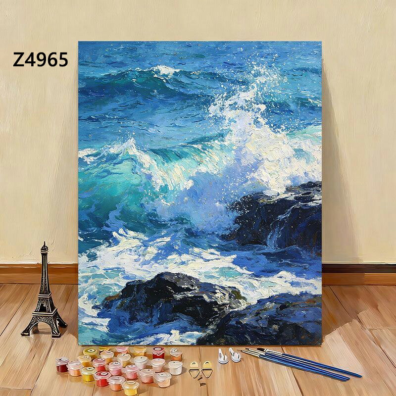 送料無料 4色 塗り絵 岩浜・砕ける波 海岸風景 数字油絵 数字塗り絵 数字油絵セット ぬりえ 油絵風 絵画 DIY絵 お絵描き 油絵キット アクリル絵画 ナンバー油絵キット 30x40cm 楽天海外通販