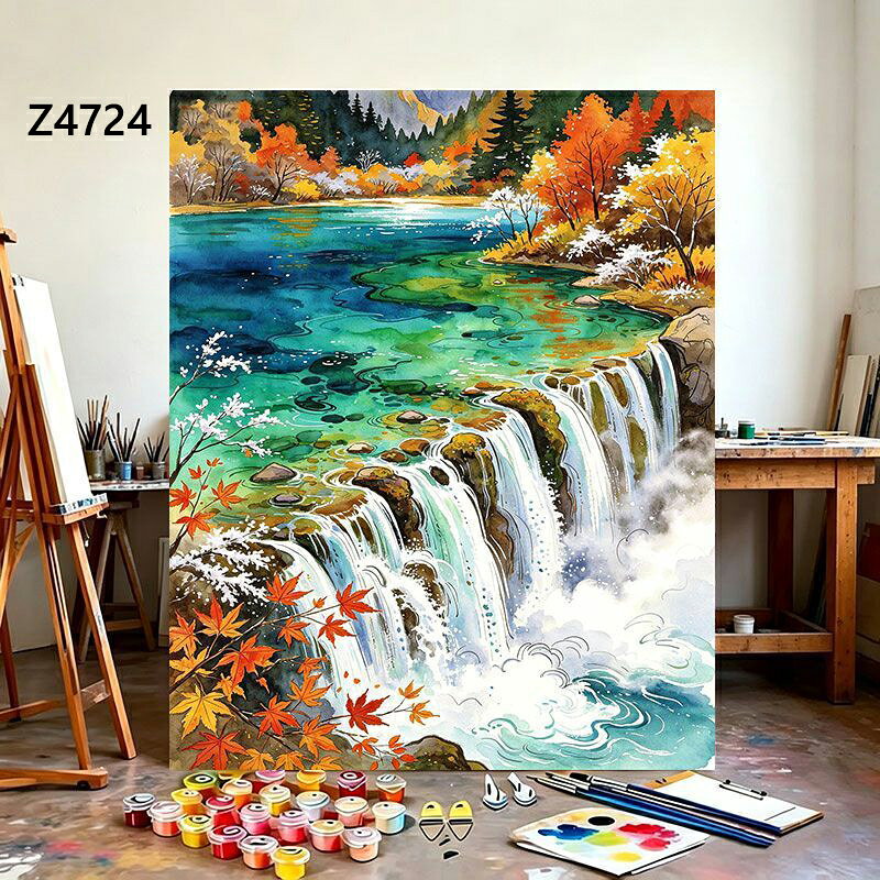 送料無料 4色 塗り絵 秋の滝と紅葉 渓谷風景 数字油絵 数字塗り絵 数字油絵セット ぬりえ 油絵風 絵画 DIY絵 お絵描き 油絵キット アクリル絵画 ナンバー油絵キット 30x40cm 楽天海外通販