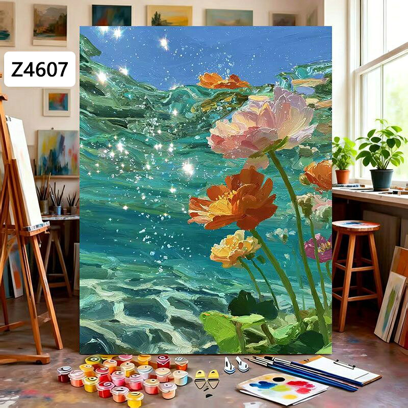 光り輝く水面と水中の花を描いた厚塗り風デジタルオイルペインティング 4 種セット。 蓮、コスモス、野の花などが澄んだ水の中から伸び、波紋・水泡・太陽の反射をリアルに表現。 透明感あるターコイズ・ブルー系配色が魅力。 ダイニング、玄関、カフェ、ナチュラル・モダンインテリアにおすすめ。 きらきら輝くターコイズブルーの水面、ピンクとオレンジの蓮。 厚塗りの筆致で光の反射が鮮やか、清々しい夏の池の情景。青い水を背景に、ピンク・紫・イエローの雑花が水中から伸びる構図。 波紋と泡の描写が透明感を演出。濃い青紫の水面、パステル調コスモスや雑草の花が広がる。 色彩の対比が強く、幻想的な雰囲気。緑がかった水面に白やピンクのコスモスが咲き、星のような光粒が舞う。 柔らかい雰囲気で幅広いインテリアに馴染みやすい。 商品説明 商品内容 塗り絵セット セット内容 数字が印刷された白抜きキャンバス1枚(インナーフレーム付） 筆 アクリル絵の具 壁がけ用フックとネジ 生産国 中国 納期 【配送に関する重要なお知らせ】 本商品はアクリル絵の具を含んでいるため、海外発送は特別な輸送チャネルを通す必要がございます。 そのため、配送には通常よりお時間を頂戴しますことをあらかじめご了承ください。 【通常の流れ】: 発送まで：ご注文後、5営業日以内に発手配いたします。 お届けまで：発送後、お届けまでに1〜2週間程度を要する場合がございます。 注意書き ※手塗りのペイント商品となりますので、完成時に見本と多少の誤差が生じる場合もございますのでご了承くださいませ。 ※モニターの発色により実物と色味が多少異なる場合がございます。 活用イベントのご提案 ギフト 記念日 年末年始 プレゼント サプライズ お祝い 誕生日プレゼント 結婚記念日 バースデー 自由研究 冬休み 春休み 夏休み 子ども 塗り絵 小学生 工作 インテリア 絵画 DIY絵画 趣味 手作りプレゼント 母の日 父の日 バレンタイン ホワイトデー お盆 敬老の日 連休 雑貨 おしゃれ 絵画 壁掛け インテリア 　 自由研究 小学生 キット　自由研究 女の子　 自由研究 男の子　趣味　 ひとり　大人から始める趣味　おうち時間充実アイテム　おうち時間充実グッズ　福利厚生　手作りギフト おしゃれギフト　 DIY プレゼント ハンドメイド　雑貨　週末　おこもり　おうち休日　おうち時間 自粛生活　 巣ごもりグッズ 暇つぶし グッズ 頭の体操 入院 便利 グッズ 手作りキット 大人 工作 キット 工作キット 子供 ハンドメイド雑貨 手作りキット 子供 ハンドメイド キット おうち時間グッズ おうち時間キット おうち時間 キット お家時間 リラックス ぬりえ バレンタイン チョコ以外 おしゃれ 飾り かわいい 装飾 手作り バレンタイン 花 子供 プレゼント プチギフト モンステラ プルメリア アートポスター フレーム付き アートパネル インテリア 小さい アート パネル アートパネル アートポスター 運気が上がる絵 ファブリックパネル 絵画 インテリアアートパネル 壁掛け 玄関 絵 ファブリックパネル 玄関 開運 絵画 風水 玄関 おすすめ キャンバス アート インテリア 壁掛け 北欧 北欧アート オススメご利用場所 店舗　カフェ　おうちカフェ 喫茶店　BAR　バー おうちバー バーごっこ　バル　ホテル　レストラン　アメリカンダイナー　飲食店　居酒屋　スパ　テレビ局　撮影スタジオ セット　ライブハウス　美容院　美容室　理容院　理容室　デザイナーズマンション　賃貸部屋　賃貸マンション　ワンルームマンション　ガレージ　車庫　倉庫　物置 お家の中の飾れる場所アイデア 自宅　家 部屋の内装　狭い部屋　ワンルーム　男子部屋　女子部屋　大人の小部屋　書斎　子供部屋　リビングルーム　リビング　デスク　勉強机　テーブル　ラック　ダイニング　キッチン　寝室　床の間　トイレ　洗面所　玄関　廊下 本棚　飾り棚　ドア　扉　棚　冷蔵庫　ベランダ　ガレージ　車庫　駐車場　屋外　庭　ガーデニング　応接室　ロビー　エレベーター　エレベーターホール　客室　個室　脱衣所 おうちじかん　おうち時間 こんな物をお探しの方にオススメ 暇つぶし おもちゃ　暇つぶし 子供 グッズ　入院 大人 暇つぶし　アートパネル モダン　アートパネル 北欧　アートパネル モダン 玄関　アートパネル 風景　アートパネル モノクロ　アートパネル モノトーン　　ペイントバイナンバー　アート　ボード　アートボード タペストリー グッズ 頭の体操 脳活 脳トレ 高齢者 アタマのトレーニング 指先 入院 便利 リハビリグッズ リハビリ グッズ お部屋の模様替え グッズ SNS映え　お部屋づくり　外出自粛　お手頃価格のインテリア 小さい　ミニ　ミニサイズ　カフェ風インテリア 雑貨　デザイナーズ家具　オブジェ　リプロダクト　照明　壁面装飾　壁面飾り　壁画　壁掛け　壁掛けアート　壁かけアート　壁かけ専門　壁飾り　飾り　壁に飾る 飾る オーナメント　タペストリー　ウォールアート　ウォールパネル　モダンアート　ミニアート　絵画 画像　アート パネル　アートパネル　インテリアアートパネル　 初心者 上級者 セット 上級者 初心者セット 四角 スクエア バンクシー 額縁 桜 動物 大型 お城 犬 ダイアモンドアート ダイアモンドアートキット ダイアモンドアートセット アートフレーム　アートパネル・アートボード　アートボード　アートポスター　ポスターフレーム　poster　サインボード　サインプレート　木製看板　木製アート看板　ウッドボード　ウォールプレート　ウォールステッカー　ウォールシール　ステッカー　壁かざり用ポストカード　壁紙　装飾品　アイテム　グッズ　置物　DIY用品　輸入雑貨　アメリカン雑貨　アメ雑貨　USA雑貨　ヴィンテージ雑貨　ビンテージ雑貨　壁飾り　壁デコ　デコレーション　ウォールデコレーション　装飾　飾り付け　絵　絵画　イラスト　装飾画　壁面装飾　壁に吊るす　プリント　飾り付け 飾りつけ　店内ディスプレイ　ホームパーティー　イベント　ビンゴ　景品　SNS映え　人気　おしゃれ　お洒落　オシャレ　彩り　インパクト　ニッチ　イメージアップ　ナチュラル　シンプル　カントリースタイル　ブルックリンスタイル　癒し　元気　幸せ 　こだわり　珍しい　目隠し　アクセント　ドラマ撮影　映画撮影　おうち時間　テレワーク　リモートワーク　ZOOM　ZOOM会議　ズーム　ズーム会議　背景　実用的　お手軽　新生活　一人暮らし　独り暮らし　二人暮らし　夫婦暮らし　引っ越し　引越し　模様替え　改築　改装 注意事項 ・お客様が通常と同じお買い物ステップで安心して海外の商品を購入できるよう、楽天市場から指定を受けた委託先である（株）コマースロボティクスが、当店の店舗運営業務を行います。 ・当店でご購入された商品は、原則として、「個人輸入」としての取り扱いになり、全て中国からお客様のもとへ直送されます。 ・個人輸入される商品は、全てご注文者自身の「個人使用・個人消費（日本に居住する者に寄贈される物で、当該寄贈を受ける者の個人的な使用に供される場合を含みます。）」が前提となります。第三者への譲渡・転売が法令で禁止されるもの（医薬品、医薬部外品、化粧品等を含みますが、これに限られません。）もございますのでご注意下さい。 ・通関時に関税・輸入消費税が課税される可能性があります。課税額はご注文時には確定しておらず、通関時に確定しますので、商品の受け取り時に着払いでお支払いください。詳細はこちらご確認下さい。 ・色がある場合、モニターの発色の具合によって実際のものと色が異なる場合がある。