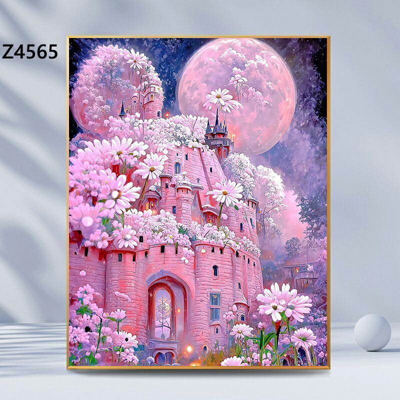 送料無料 5色 塗り絵 ピンク夢のお城 月夜と花 ファンタジー 数字油絵 数字塗り絵 ...