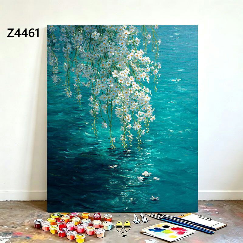 送料無料 3色 塗り絵 水面に垂れる白い花 厚塗り油絵風 数字油絵 数字塗り絵 数字油絵セット ぬりえ 油絵風 絵画 DIY絵 お絵描き 油絵キット アクリル絵画 ナンバー油絵キット 30x40cm 楽天海外通販