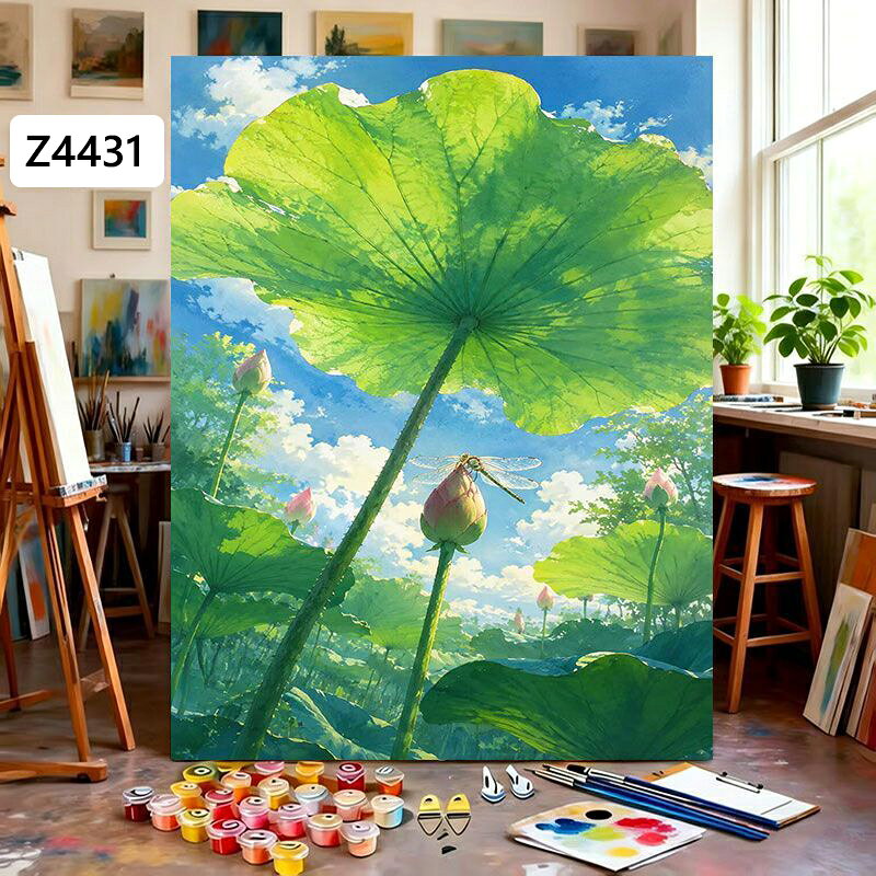 送料無料 5色 塗り絵 蓮の池 夏風景 数字油絵 数字塗り絵 数字油絵セット ぬりえ ...