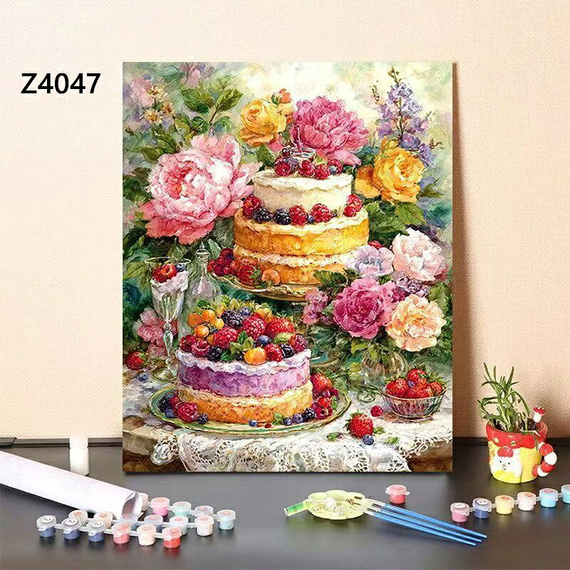 送料無料 4色 塗り絵 ケーキと花 水彩静物画 数字油絵 数字塗り絵 数字油絵セット ぬりえ 油絵風 絵画 DIY絵 お絵描き 油絵キット アクリル絵画 ナンバー油絵キット 30x40cm 楽天海外通販
