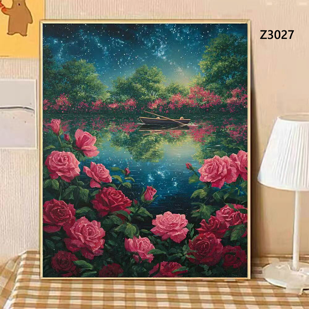 送料無料 4色 塗り絵 秋の実り 月夜の湖とバラ 数字油絵 数字塗り絵 数字油絵セッ...