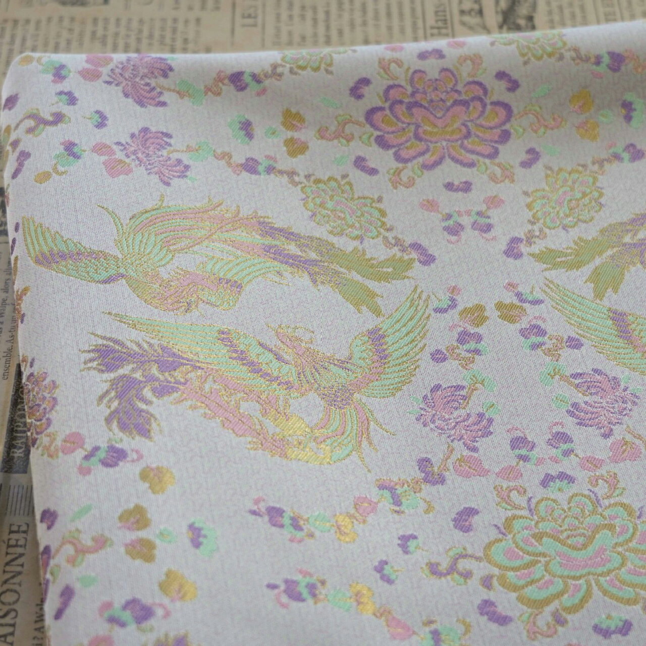 Polyester - 送料無料 144cm幅 90cm単位 ジャカード生地 生地 布 布地 色織り生地 花柄 鳳凰柄 パープル ピンク 楽天海外通販
