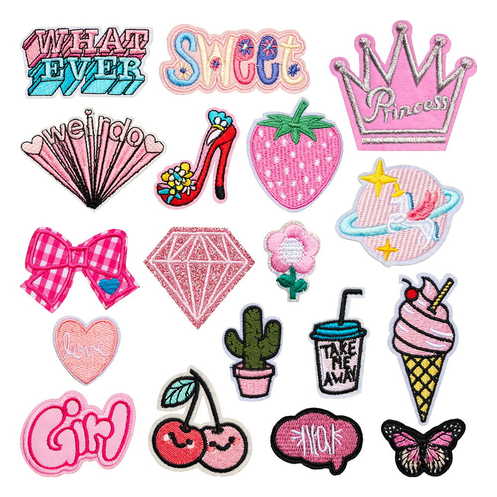 送料無料 18枚組 ワッペン アップリケ 刺繍ワッペン 刺繍アップリケ 刺繍 布ワッペン 裁縫材料 DIY手芸用 汚れや穴隠しに便利 服の補修 アイロン接着可能 ピンク 蝶結び 少女 苺 ハート 楽天海外通販