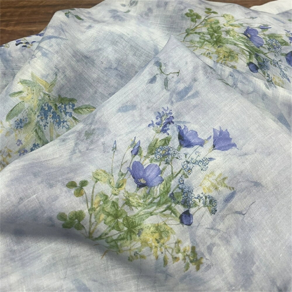 Rakuten - 送料無料 135cm幅 90cm単位 生地 布 布地 きじ ぬの 手作り生地 服地 裁縫 DIY用生地 手芸用 ハンドメイド向け からむし 苧麻 プリント 花柄 植物柄 パープル 紫花 グリーン葉 白底 楽天海外通販