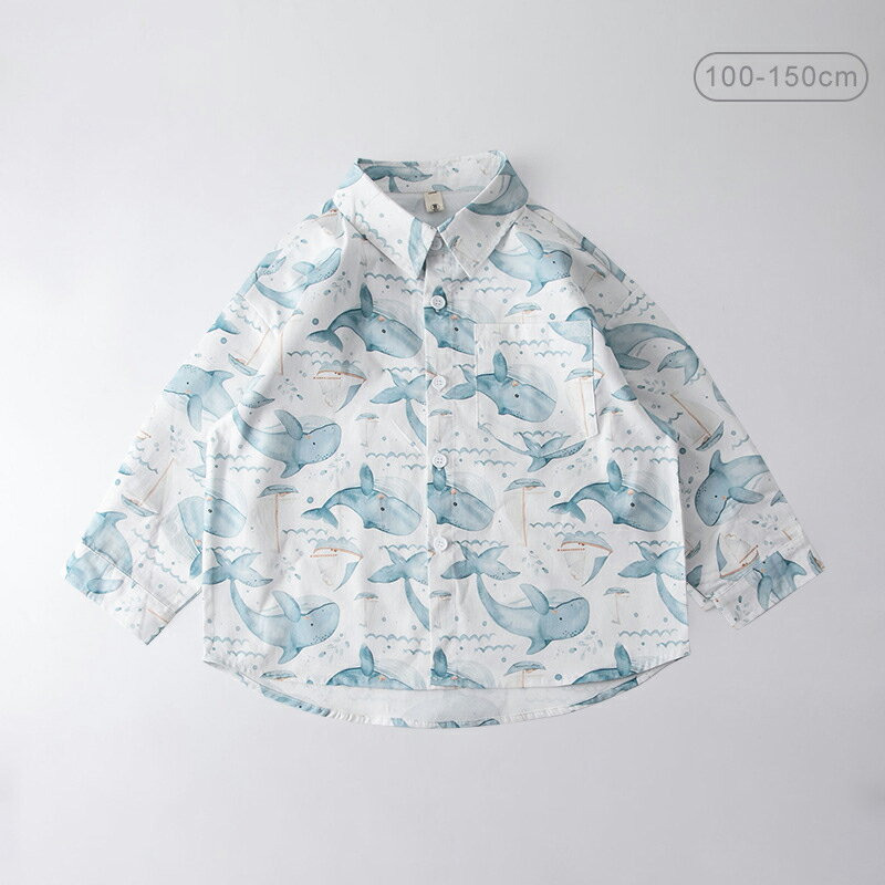 Rakuten - 送料無料 子供服 長袖シャツ キッズ 長袖 シャツ 綿100％ カジュアルシャツ 男の子 女の子 ガール ボーイ 子ども服 子供ウェア 春秋服 胸ポケット 100cm 110cm 120cm 130cm 140cm 150cm プリント イルカ柄 ブルー 白 楽天海外通販
