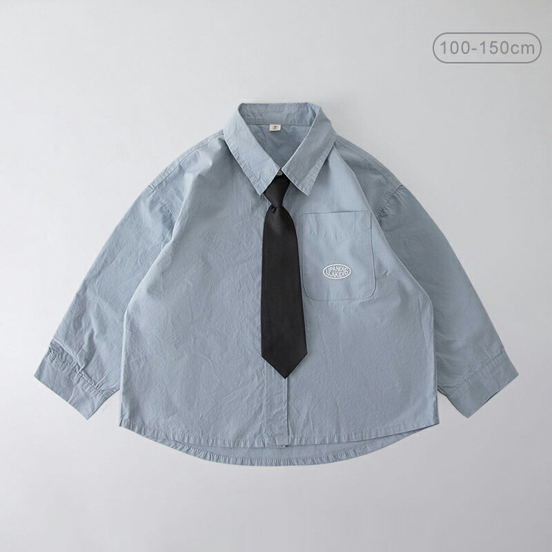 Rakuten - 送料無料 子供服 長袖シャツ キッズ 長袖 シャツ 綿100％ カジュアルシャツ 男の子 女の子 ガール ボーイ 子ども服 子供ウェア 春秋服 胸ポケット 100cm 110cm 120cm 130cm 140cm 150cm 無地 ブルー ネクタイ付き 楽天海外通販