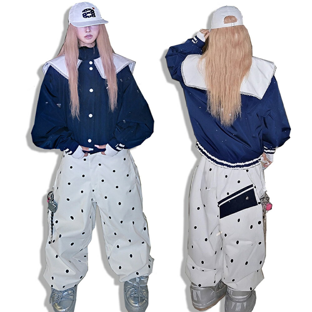 送料無料 スノーボードウェア スキーウェア スノボウェア レディース 上下セット セットアップ スノボジャケット スキージャケット 前開き フード付き アウター スノボパンツ スキーパンツ ロングパンツ ボトムス 長ズボン ゆったり ネイビー 白パンツ ドット 楽天海外通販