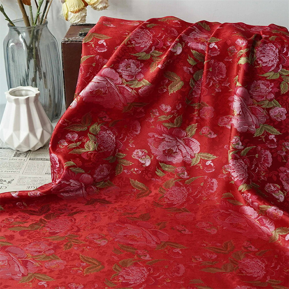 Cotton （Patterned Cloth） - 送料無料 158cm幅 90cm単位 ジャカード生地 生地 布 布地 色織り生地 きじ ぬの 手作り生地 裁縫 DIY用生地 手芸用 ハンドメイド向け 花柄 牡丹花 レッド 楽天海外通販
