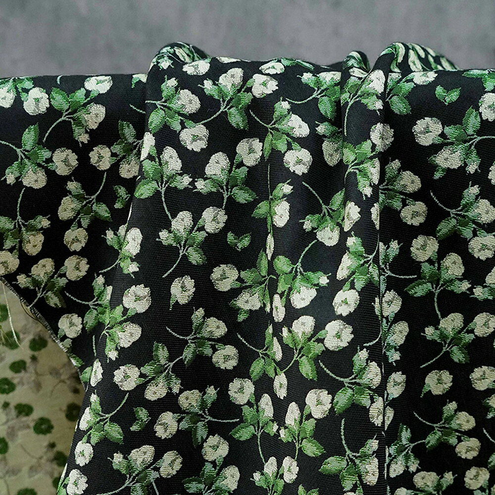Fabric, Cloths - 送料無料 137cm幅 90cm単位 生地 ジャカード生地 布 布地 色織り生地 ジャカード織り 田園風 黒地に小花柄 緑白 梔子の花 くちなし 楽天海外通販