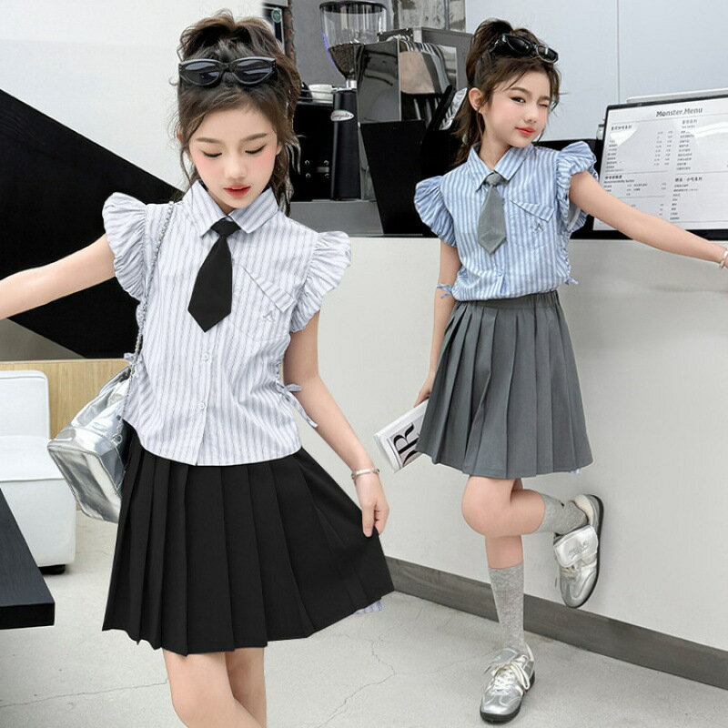 Rakuten - キッズセット 子供服セット キッズ制服風セット 女の子 半袖シャツ＋プリーツスカート 2 点セット ストライプ 襟付き ネクタイ付き 韓国風 入学式 発表会 おしゃれ 送料無料 楽天海外通販