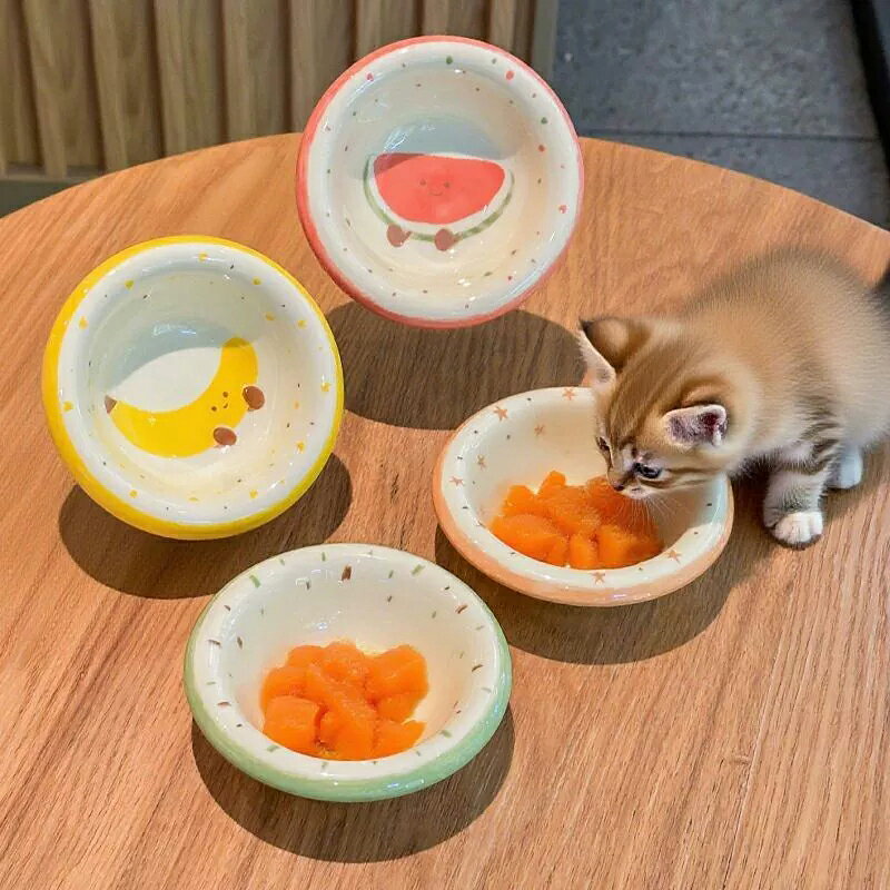 送料無料 陶器ペットボウル ミニサイズ フルーツ柄 猫用食器 子猫 ハムスター インコ 餌入れ 水飲み器 セラミック製 ひっくり返りにくい キャットフードボウル 小動物用 えさ皿 おやつ皿 楽天海外通販