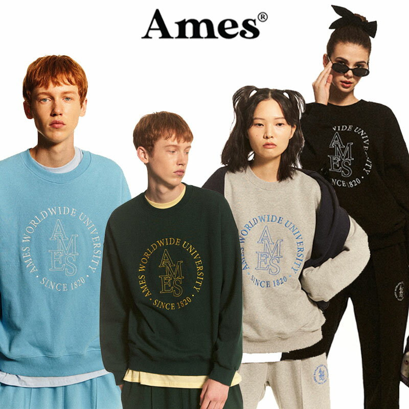 商品情報 モデル AMES ROUND LOGO SWEATSHIRTS 色 GREEN / SKY BLUE / GRAY / BLACK (カラーは、モニターの仕様や解像度に応じて若干の違いがあることがあります。) 素材 COTTON 65% + POLYESTER 35% サイズ／寸法 1 (M)サイズ -&nbsp; 着丈 : 66cm, 肩幅 : 54cm, 胸囲 : 120cm, 袖丈 : 62cm 2&nbsp; (L)サイズ -&nbsp; 着丈 : 70cm, 肩幅 : 55cm, 胸囲 : 126cm, 袖丈 : 63cm 製造国 韓国 商品説明 ●製品サイズと色について 1.製品のサイズは、測定方法に応じて、1～3cmほど誤差がありえます。 2.モニターの仕様に応じて色が異なって見えることがあります。 3.必ず、お客様ご自身のサイズと衣類の実測サイズを比べましてからご利用下さい。 ●取り寄せ商品について he&amp;sheで販買されるすべての商品は韓国から発送される商品です。 ●オフラインと多数のオンラインと同時に販買されるため在庫状況の変動は出きる限り反映するようにしておりますが、 ご注文いただきました時点で売り切れになっている場合がございますのでご了承ください。 ●韓国の商品は日本より売り切れが早いためできるだけお気にいりの商品は在庫のあるうちに購入お願いします。 ●韓国のノーブランド商品は1~2ヶ月で次の新作のため生産中止になる場合がございますので参考までお願いします。 ●韓国からの発送になるため交換及び返品はできませんので十分ご理解お上、ご注文お願いします。 ●製品欠品につきましては返品可能です。 ●付属の外箱に傷、汚れ、潰れ等がある場合がございますが商品に問題はございませんのでご安心ください。 注意事項 ・当店でご購入された商品は、原則として、「個人輸入」としての取り扱いになり、全て韓国のソウルからお客様のもとへ直送されます。 ・個人輸入される商品は、全てご注文者自身の「個人使用・個人消費」が前提となりますので、ご注文された商品を第三者へ譲渡・転売することは法律で禁止さ れております。 ・通関時に関税・輸入消費税が課税される可能性があります。課税額はご注文時には確定しておらず、通関時に確定しますので、商品の受け取り時に着払いでお 支払いください。詳細はこちらご 確認下さい。 ＊色がある場合、モニターの発色の具合によって実際のものと色が異なる場合がある。