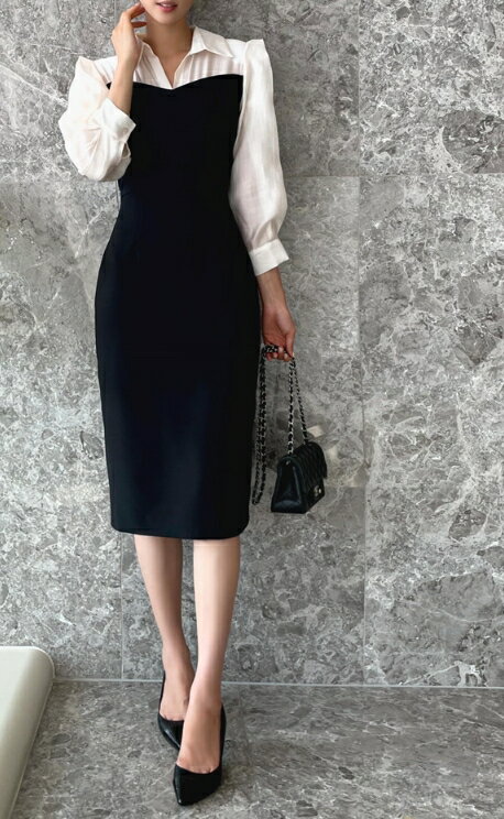 HE&SHE Suitroom(スーツルーム)【送料無料】ワンピースミディシャツスタイル配色大人カジュアルオフィスルックビジネスルック会議ラグジュアリー配色カラーネックワンピース