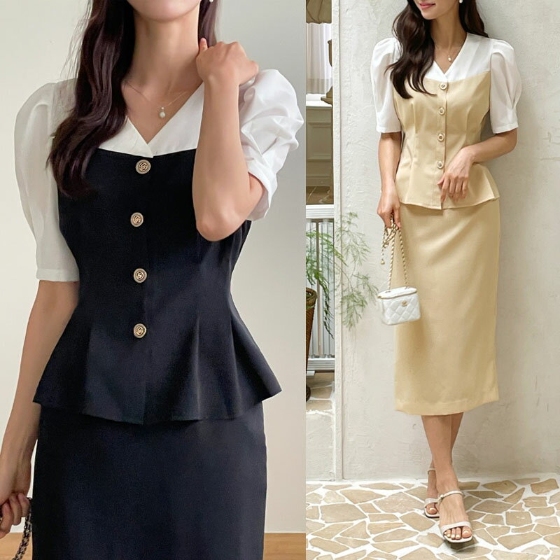 HE&SHE [送料無料] I AM MARI アイアムマリー FRENCH PUFF BI-COLOR BLOUSE フレンチパフバイカラーブラウス レディース 女性 女子 女らしさアップ プルオーバー トップス Tシャツ 半袖 韓国