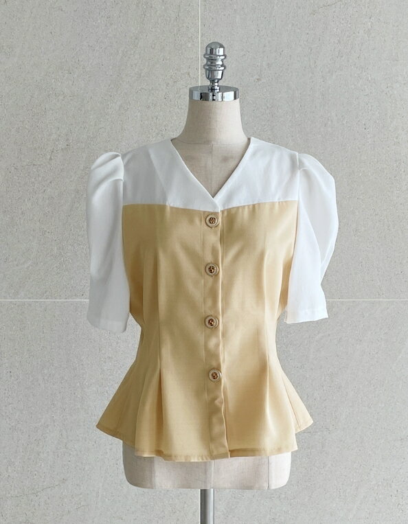HE&SHE [送料無料] I AM MARI アイアムマリー FRENCH PUFF BI-COLOR BLOUSE フレンチパフバイカラーブラウス レディース 女性 女子 女らしさアップ プルオーバー トップス Tシャツ 半袖 韓国