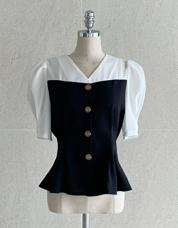 HE&SHE [送料無料] I AM MARI アイアムマリー FRENCH PUFF BI-COLOR BLOUSE フレンチパフバイカラーブラウス レディース 女性 女子 女らしさアップ プルオーバー トップス Tシャツ 半袖 韓国