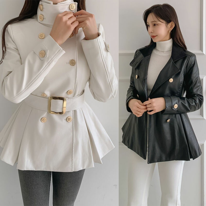 Rakuten - Suitroom (スーツルーム) レザーラインコート レザージャケット セミフォーマル ラブリー 女らしさアップ フェイクレザー オフィスルック ゲストルック アウター 冬ファッション 韓国アイテム HE&SHE【送料無料】