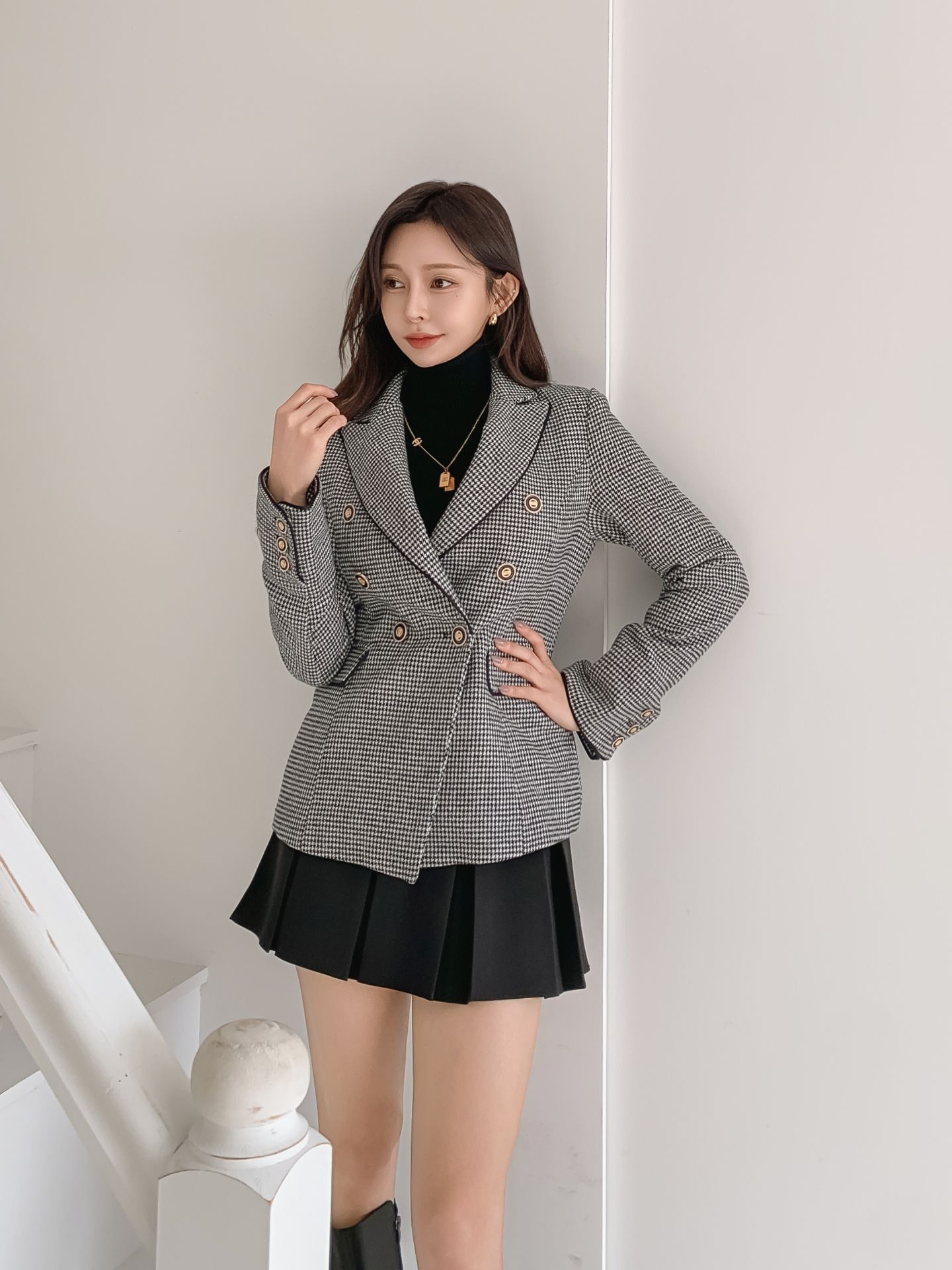 Suitroom (スーツルーム) チェックウールジャケット ブレーザー セミフォーマル 女らしさアップ オフィスルック ゲストルック アウター 冬ファッション 韓国アイテム HE&SHE【送料無料】