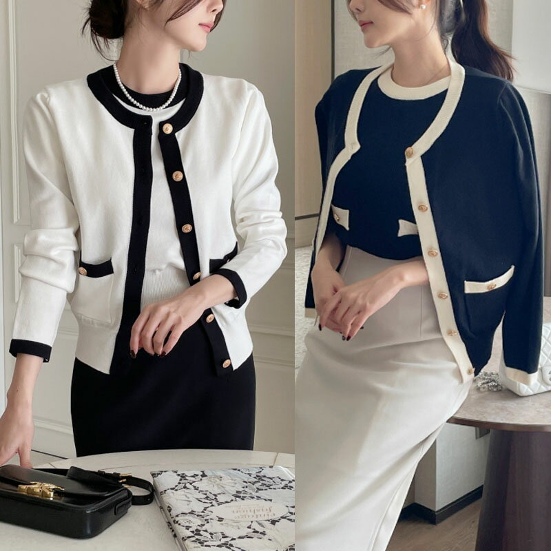 I AM MARI アイアムマリー KENSHU BI-COLOR KNIT CARDIGAN SET ケンシュ配色ニットカーディガンセット レディース 女性 女子 女らしさアップ フェミニン ラブリー デイリー お出かけ アウター ファーカーディガン 韓国ファッション 韓国 HE&SHE [送料無料]