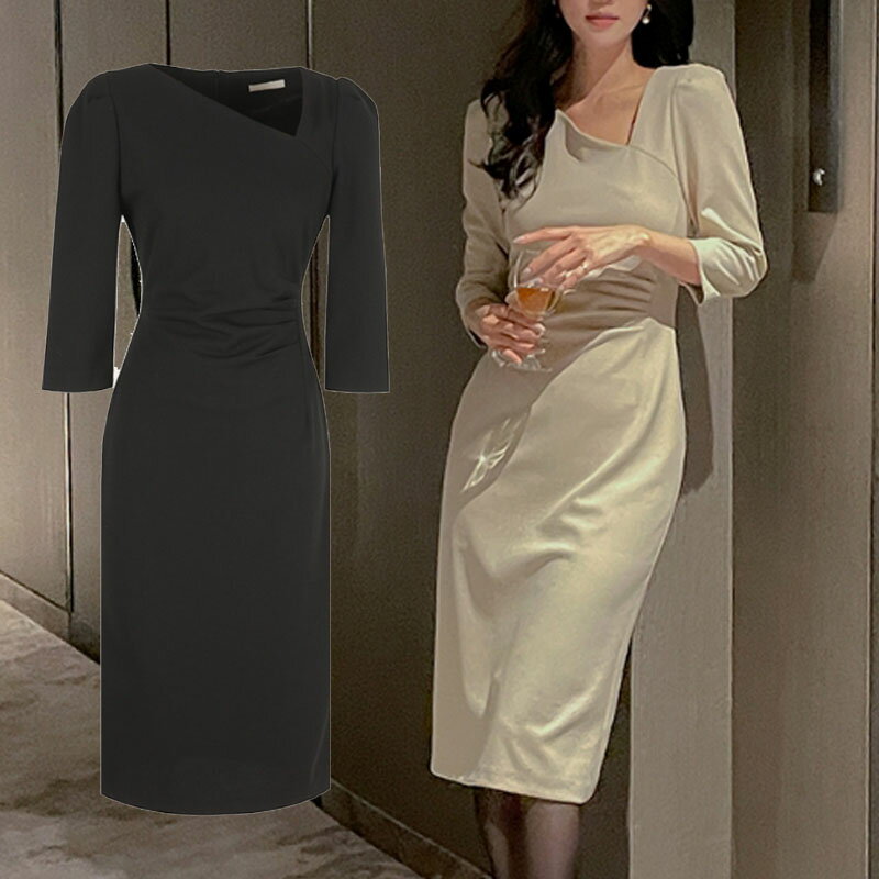 乐天商城 - SUITROOM スーツルーム OBLIQUE-NECK SHIRRING H-LINE ONE-PIECE 斜線ネックシャーリングHラインワンピース レディース 女性 女子 女らしさアップ 長袖 フェミニン ラブリー デイリー ワンピース パーティードレス 韓国ファッション