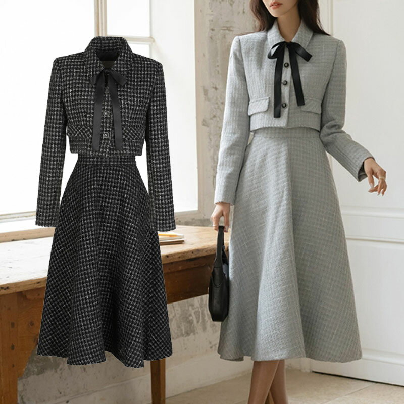 SUITROOM スーツルーム LIKI TIE TWEED CROP SET-UP 2色 リキタイツイードクロップセットアップ レディース 女性 女子 女らしさアップ 長袖 フェミニン ラブリー デイリー ツーピース パーティー服 韓国ファッション かわいい オシャレ