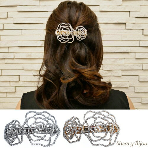 スーパーSALE バレッタ レディース 女性 結婚式 二連 ローズ 花 バラ パーティ キラキラ ヘアアレンジ 金具 華やか フェミニン エレガント 上品 大人...