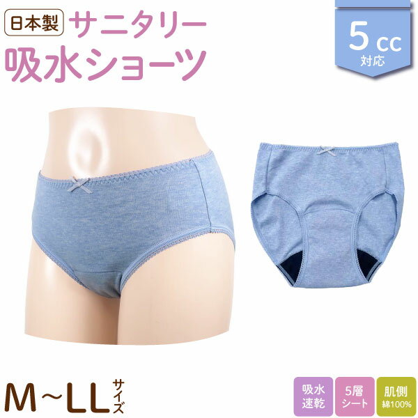 日本製 5cc 吸水サニタリーショーツ 婦人用 綿100% スムース 5層シート 生理用 フェムテック ナプキン ブルー M/L/LL 3サイズから選択 生理 尿漏れ 尿もれパンツ 頻尿 おりもの 蒸れにくい かぶれにくい 漏れない 吸収型 防臭 速乾 綿 コットン 肌にやさしい 快適 昼用