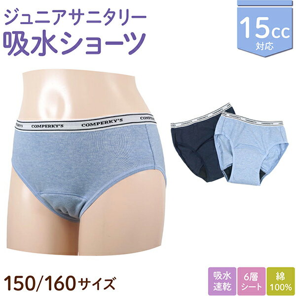 日本製 15cc ジュニア 吸水サニタリーショーツ 綿100% 6層シート 生理用 吸水ショーツ　ブルー/ネイビ..