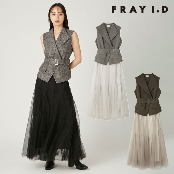 【新作10%OFF】 フレイアイディー FRAY I.D ワンピース 25秋冬 ジレチュールスカートセットアップ 8月下旬～9月中旬予約 ノースリーブ ロング丈 2way セットアイテム fwfo254146のサムネイル