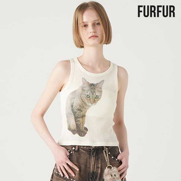 【SALE10%OFF】【即納】ファーファー FURFUR トップス 25春夏 【上國料萌衣コラボ】Seiraプリントタンクトップ ミドル丈 ノースリーブ コラボ 猫 rwct252056のサムネイル