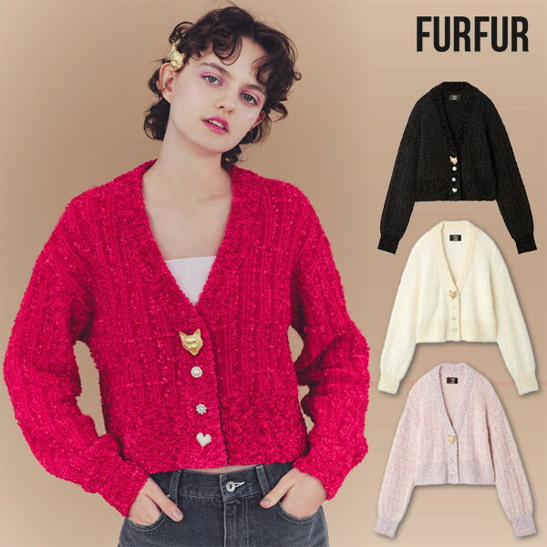 【即納】ファーファー FURFUR トップス 25春夏 キャットボタンツイードカーディガン 長袖 クロップド丈 カーディガン 猫 rwnt251113のサムネイル