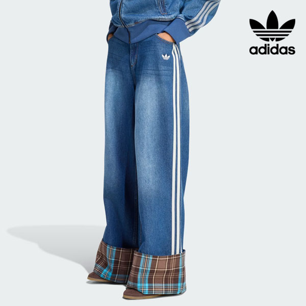 樂天商城 - 【即納】アディダスオリジナルス adidas originals チェック シーム付きビンテージ ワイド レッグ ジーンズ ボトムス デニム ジーパン フルレングス チェック柄 kw4518